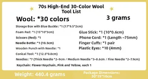 Detailed list of DIY needle felting kit components with 30 wool colors and varied tools