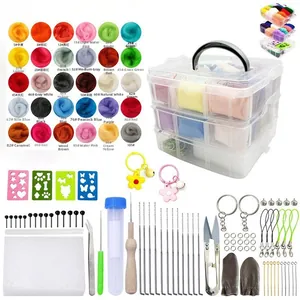 DIY needle felting kit with 30 colors of wool roving and tools in a clear storage box