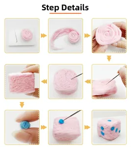 Step-by-step DIY needle felting tutorial for making a pink dice with blue dots