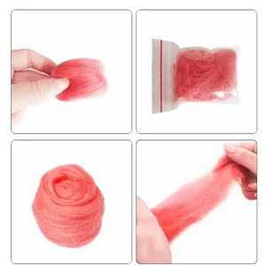Detail of pink wool roving fiber for needle felting shown in loose and packed forms