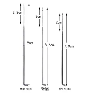 Detailed view of three stainless steel felting needles in 9cm, 8.6cm, and 7.9cm sizes
