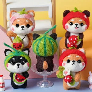 Handmade needle felted shiba inu dog figurines with various fruit hats and accessories