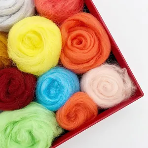 Colorful 66S wool roving fiber kit for DIY needle felting craft in red gift box