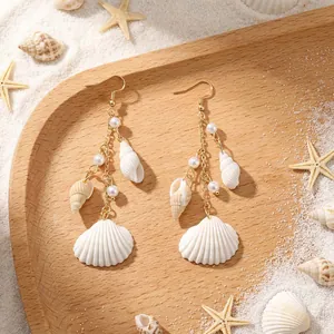 Bohemian Shell Artificial Pearl Tassel Earrings Summer Beach Style Long Drop Dangle For Women Zinc Alloy Post