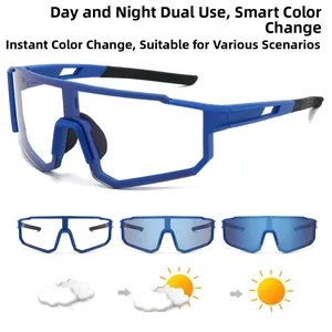 Outdoor cycling sunglasses showing photochromic transition from clear to deep blue tint