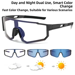 Detail of smart photochromic sports sunglasses lens color changing from clear to blue