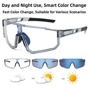 Detail of photochromic sports sunglasses showing the lens transition from clear to blue