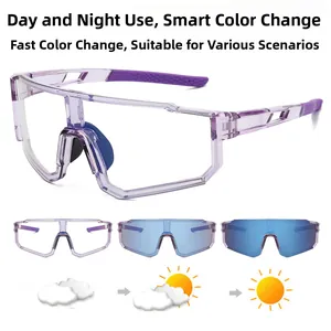Detail of photochromic sports sunglasses showing rapid lens color change for day and night use