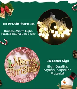 Detailed view of 5m 50-LED warm globe string lights and pink Merry Christmas wreath