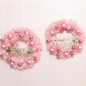 Pink Christmas Wreath Artificial Pine Needle Garland With Ball Ornaments And Merry Christmas Sign For Front Door Home Decor