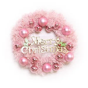 30cm pink Christmas wreath with matte ornaments and golden Merry Christmas sign