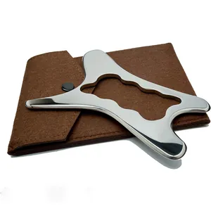 Polished stainless steel Gua Sha muscle scraper tool with brown felt storage pouch