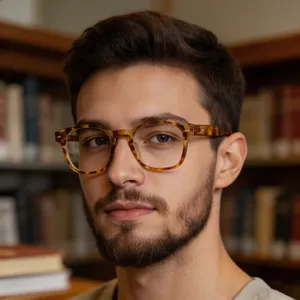 Detailed close-up of retro tortoiseshell round frame glasses worn by a male model