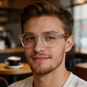 Detailed close-up of stylish round eyeglasses with clear frames and tortoiseshell temples