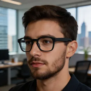 Close-up of classic black round-frame glasses on a male model in a professional office