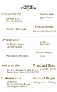 Detailed size and material specification chart for acrylic evening clutch with dimensions