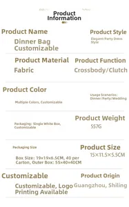 Detailed specification sheet for evening clutch bag showing dimensions 15x11.5x5.5cm