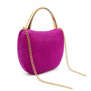Magenta snake-textured evening clutch bag with gold metal handle and chain strap