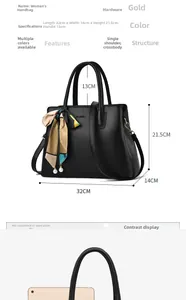 Detailed dimensions of black leather handbag with 32cm length and interior pockets