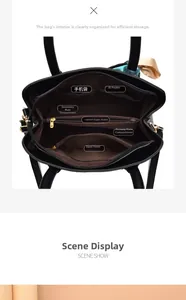 Internal view of the black tote bag showing multiple functional compartments and pockets