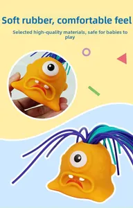 Detail showing flexible yellow monster toy being squeezed for stress relief texture