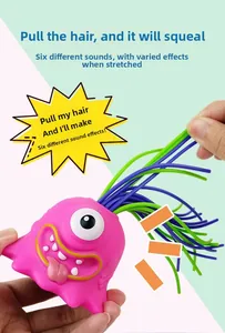 Detail of pink monster toy being pulled by hair to trigger six unique scream sounds