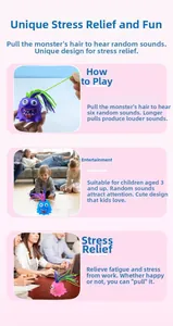 Close-up of colorful monster stress toy showing hair pulling interaction and light function