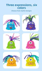 Macro detail of 6 colorful monster stress relief toys featuring three unique expressions