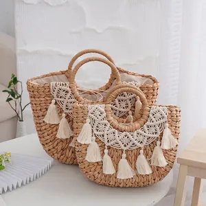 Women Handmade Woven Straw Handbags Bohemian Beach Bag Cotton Tassels Macrame Lace Large Capacity Tote Vacation Purse