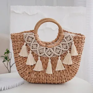 Bohemian semi-circle straw handbag with fringe tassels and round handles for beach style