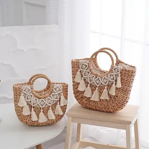 Handwoven straw tote bag set with bohemian macrame lace and fringe for beach vacation