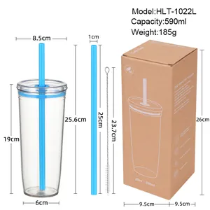 590ml Tritan straw cup set with reusable blue straw, cleaning brush, and eco-friendly box