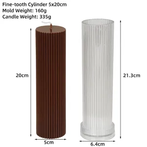 Cylindrical fine striped candle mold with finished brown 20cm height wax candle