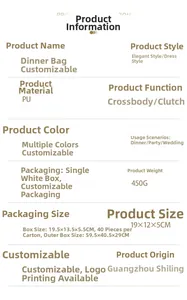 Detailed size specifications for a 19x12x5cm PU evening bag showing weight and dimensions