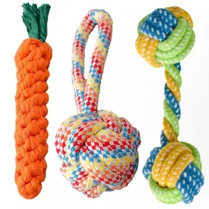 3-piece durable cotton rope dog chew toy set featuring carrot and knot ball shapes