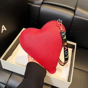 Heart Shaped PU Leather Clutch Handbag Lychee Texture Rainbow Love Letter Woven Strap Fashion Wristlet For Women