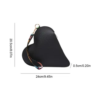 Detailed dimensions of heart-shaped black leather pouch with colorful wristlet strap