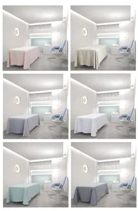 Collage of minimalist beauty bed covers in pink, beige, purple, white, green and grey