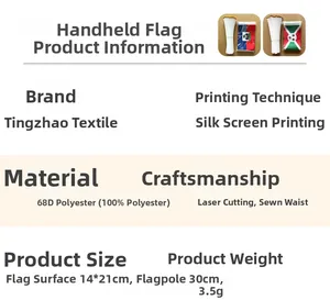 Detail view of 14x21cm 68D polyester small handheld world flags with 30cm plastic poles