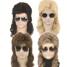 Detail showing retro 80s mullet wigs for men in black, blonde, brown and coffee hair colors