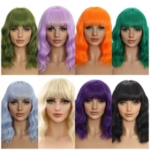 Detail showing high-quality synthetic wavy short wigs with bangs in eight vibrant colors