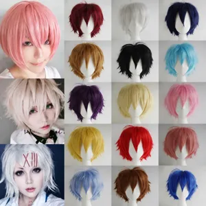Detailed color matrix showing 18 vibrant synthetic short wigs for cosplay styling