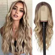 Detail view of ombre honey blonde long wavy wig showing natural gradient roots and texture