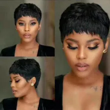Detail view of natural black pixie cut wig showing front and side style perspectives