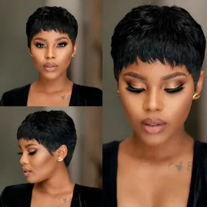 Detail view of natural black pixie cut wig showing front and side style perspectives