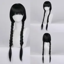 Detailed views of black synthetic cosplay wig with braided pigtails and flat bangs
