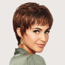 Detailed front view of short layered reddish-brown pixie cut wig with natural bangs