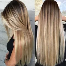 Detailed back and side view of 26-inch ombre brown to blonde long straight hair wig