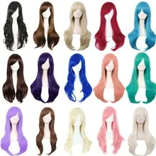 Matrix showing 15 colorful synthetic curly wig options on white mannequin heads