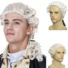 Detailed views of a 18th-century white judge wig with vintage side curls and ponytail